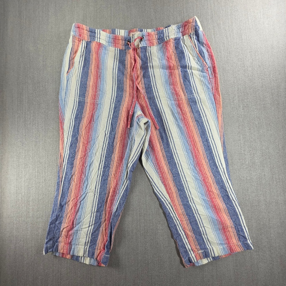 Per se Crop Pants Women Large Multi Color Striped Linen Blend Drawstring Casual